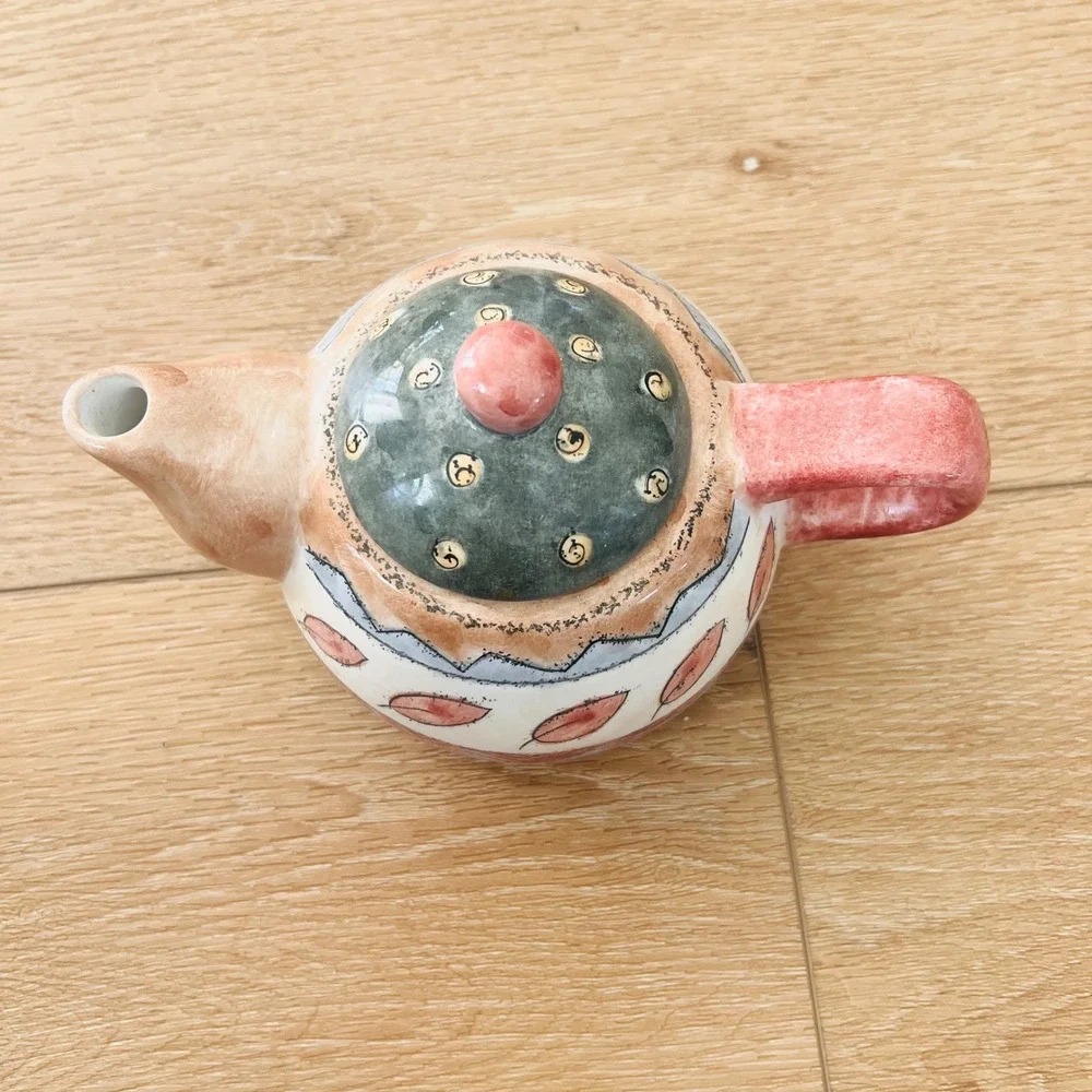 Sango Coffee Shoppe Sue Zipkin Ceramic Teapot Leaf Pattern Hand Painted Boho